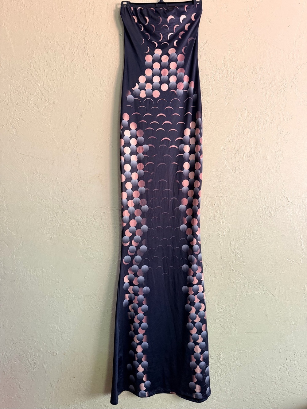 Fashion Nova Navy Maxi Dress with Pink and Light Gray Dot Pattern